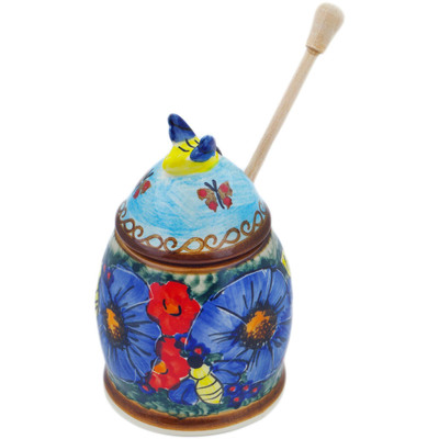 Polish Pottery Honey Jar with Dipper 6&quot; Blue Garden UNIKAT
