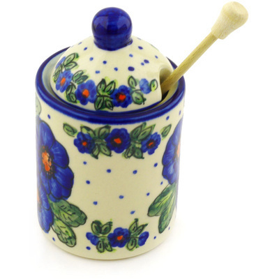 Polish Pottery Honey Jar with Dipper 6&quot; Bold Blue Pansy