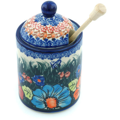 Polish Pottery Honey Jar with Dipper 6&quot; Butterfly Splendor