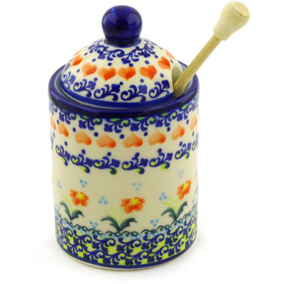 Polish Pottery Honey Jar with Dipper 6&quot; Circle Of Hearts