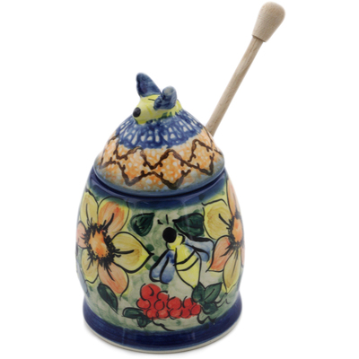 Polish Pottery Honey Jar with Dipper 6&quot; Colorful Bouquet UNIKAT