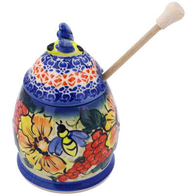 Polish Pottery Honey Jar with Dipper 6&quot; Croatia UNIKAT