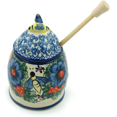 Polish Pottery Honey Jar with Dipper 6&quot; Enchanted Beauty UNIKAT