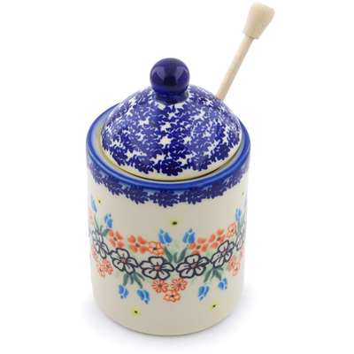 Polish Pottery Honey Jar with Dipper 6&quot; Fanciful Ladybug