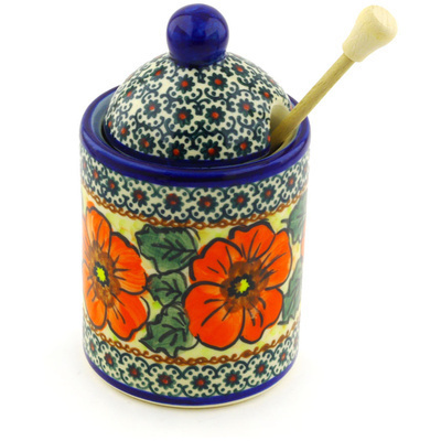 Polish Pottery Honey Jar with Dipper 6&quot; Fiery Poppies UNIKAT