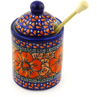 Polish Pottery Honey Jar with Dipper 6&quot; Fire Poppies UNIKAT