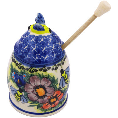 Polish Pottery Honey Jar with Dipper 6&quot; Flamenco UNIKAT