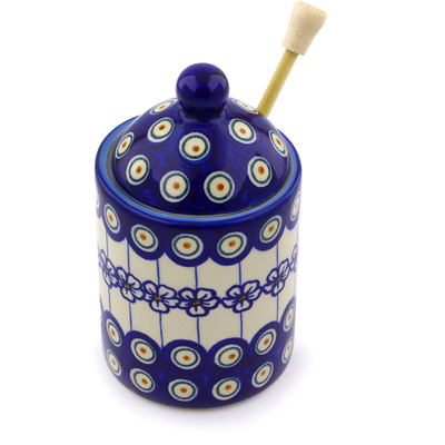Polish Pottery Honey Jar with Dipper 6&quot; Flowering Peacock