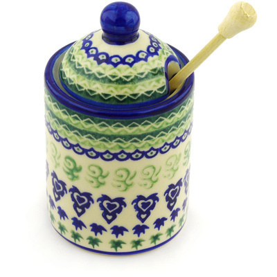 Polish Pottery Honey Jar with Dipper 6&quot; Folk Art