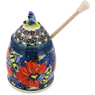 Polish Pottery Honey Jar with Dipper 6&quot; French Bouquet UNIKAT