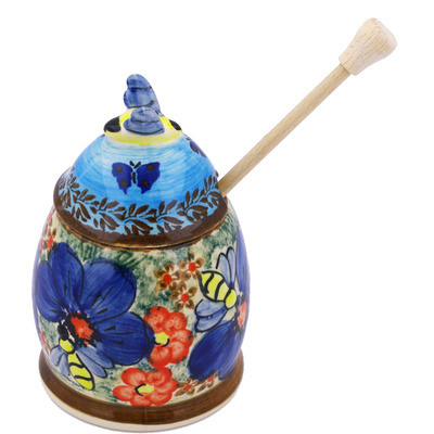 Polish Pottery Honey Jar with Dipper 6&quot; Fresh Air UNIKAT