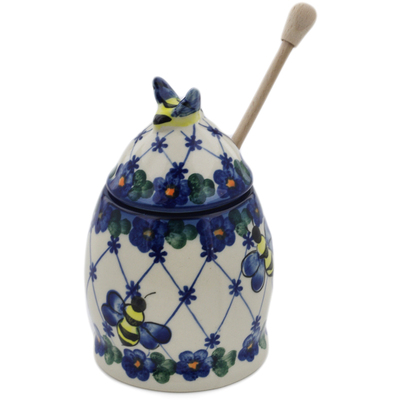 Polish Pottery Honey Jar with Dipper 6&quot; Gossamer UNIKAT