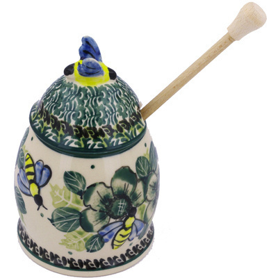 Polish Pottery Honey Jar with Dipper 6&quot; Green Bouquet UNIKAT