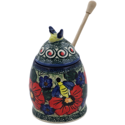 Polish Pottery Honey Jar with Dipper 6&quot; Havana UNIKAT