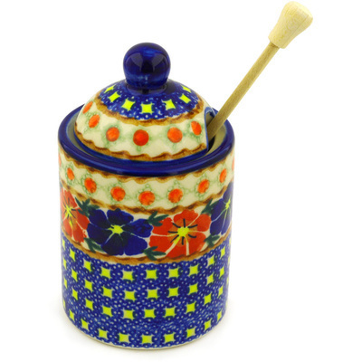 Polish Pottery Honey Jar with Dipper 6&quot; Paradise Poppy