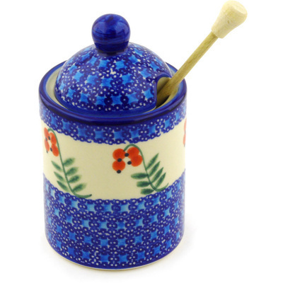 Polish Pottery Honey Jar with Dipper 6&quot; Red Berries