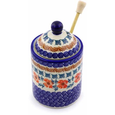Polish Pottery Honey Jar with Dipper 6&quot; Red Cornflower