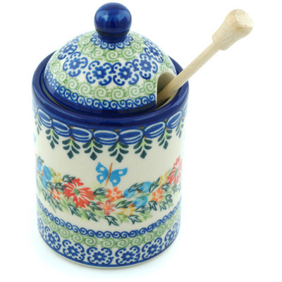Polish Pottery Honey Jar with Dipper 6&quot; Ring Of Flowers UNIKAT