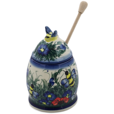 Polish Pottery Honey Jar with Dipper 6&quot; Spring Bouquet UNIKAT