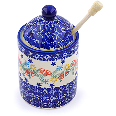 Polish Pottery Honey Jar with Dipper 6&quot; Wreath Of Bealls