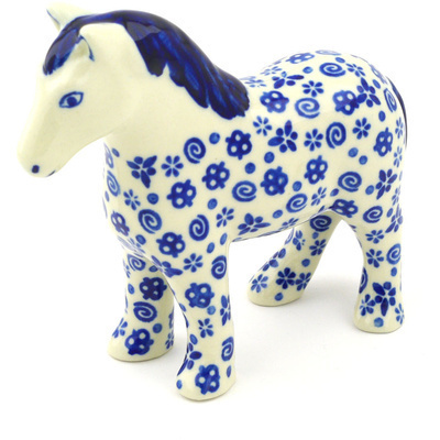 Polish Pottery Horse Figurine 6&quot; Blue Confetti