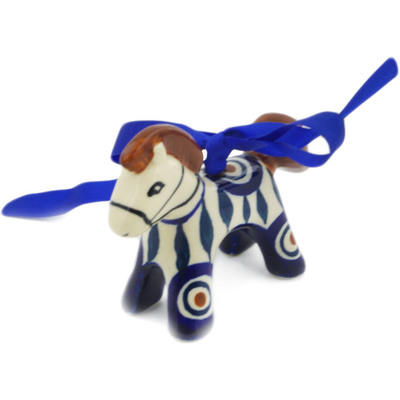 Polish Pottery Horse Ornament 3&quot; Peacock Leaves