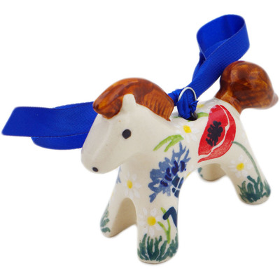 Polish Pottery Horse Ornament 3&quot; Poppies And Cornflowers UNIKAT