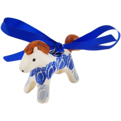 Polish Pottery Horse Ornament 3&quot; Retro Blue Tulips