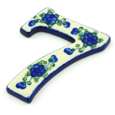 Polish Pottery House Number SEVEN (7) 4-inch Blue Poppies