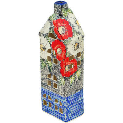 Polish Pottery House Shaped Candle Holder 10&quot; Bright Poppies On Moss UNIKAT