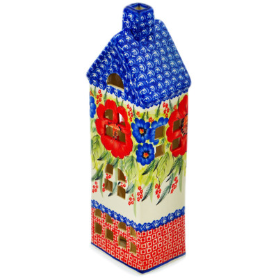 Polish Pottery House Shaped Candle Holder 10&quot; Poppies In The Summer UNIKAT