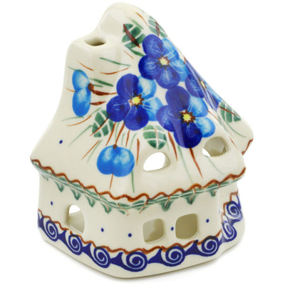 Polish Pottery House Shaped Candle Holder 4&quot; Blue Pansy