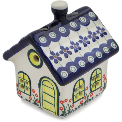 Polish Pottery House Shaped Candle Holder 4&quot; Flowering Peacock