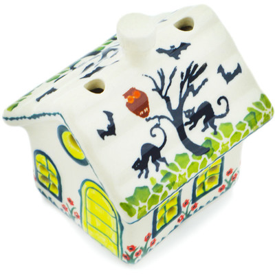 Polish Pottery House Shaped Candle Holder 4&quot; Halloween Day