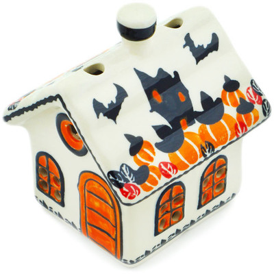 Polish Pottery House Shaped Candle Holder 4&quot; Halloween Night