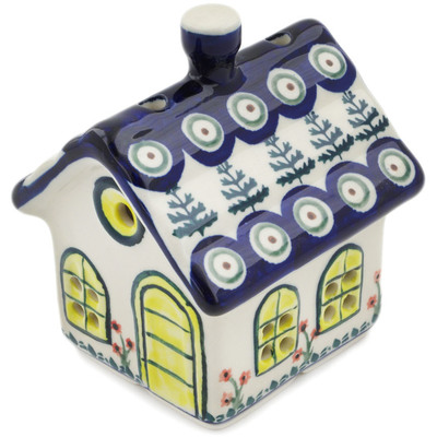 Polish Pottery House Shaped Candle Holder 4&quot; Peacock Christmas
