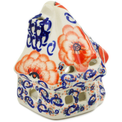 Polish Pottery House Shaped Candle Holder 4&quot; Poppy Passion