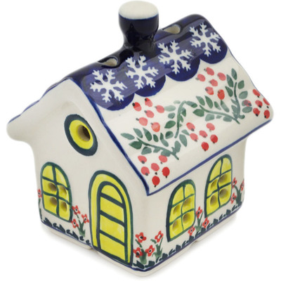 Polish Pottery House Shaped Candle Holder 4&quot; Snowflakes Tree