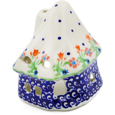 Polish Pottery House Shaped Candle Holder 4&quot; Spring Flowers