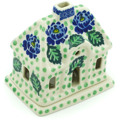 Polish Pottery House Shaped Candle Holder 5&quot; Blue Bliss