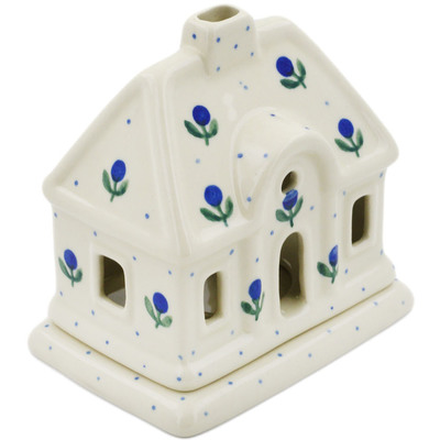 Polish Pottery House Shaped Candle Holder 5&quot; Blue Buds