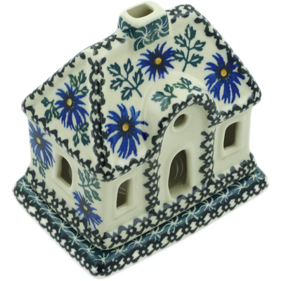 Polish Pottery House Shaped Candle Holder 5&quot; Blue Chicory