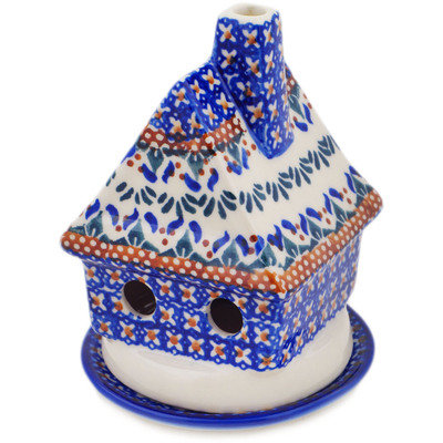 Polish Pottery House Shaped Candle Holder 5&quot; Blue Cress UNIKAT