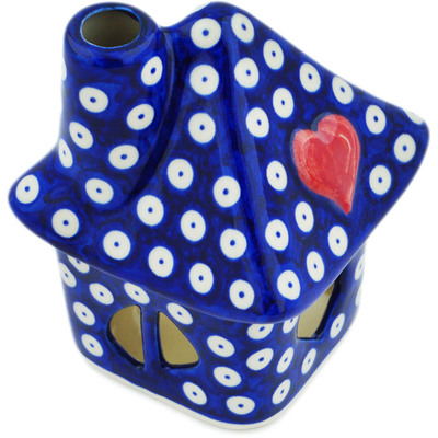 Polish Pottery House Shaped Candle Holder 5&quot; Blue Eyed Beauty