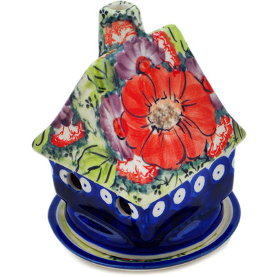 Polish Pottery House Shaped Candle Holder 5&quot; Blue Eyes Bouquet UNIKAT