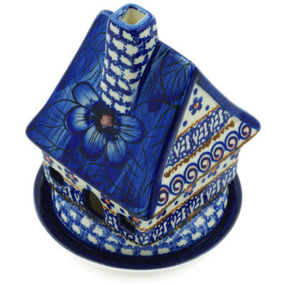 Polish Pottery House Shaped Candle Holder 5&quot; Blue Heaven UNIKAT