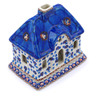 Polish Pottery House Shaped Candle Holder 5&quot; Blue Poppies UNIKAT