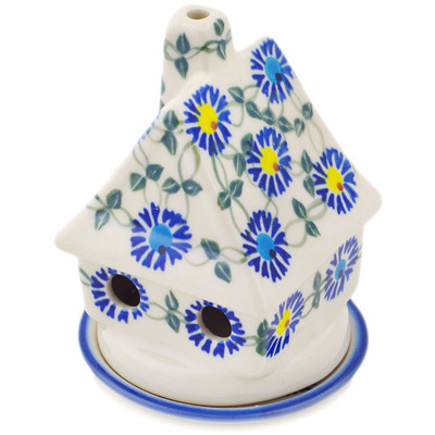 Polish Pottery House Shaped Candle Holder 5&quot; Blue Thistle Beauty