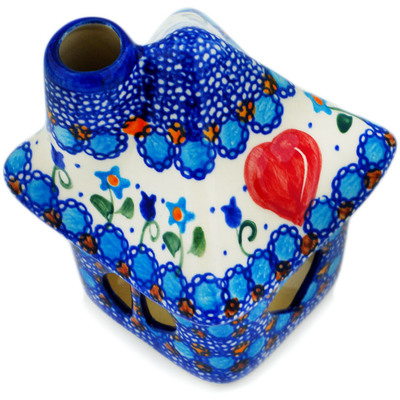 Polish Pottery House Shaped Candle Holder 5&quot; Blue Tulip Garden UNIKAT