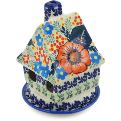 Polish Pottery House Shaped Candle Holder 5&quot; Bold Red Poppies UNIKAT